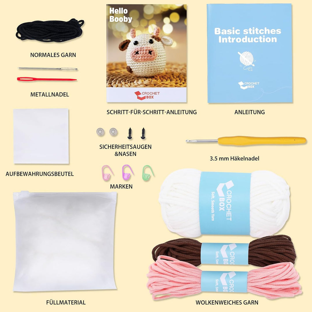 CrochetBox Komplettes Häkelset für Anfänger, Weisser Bulle Häkelset, Video-Tutorial einbeziehen, Anl
