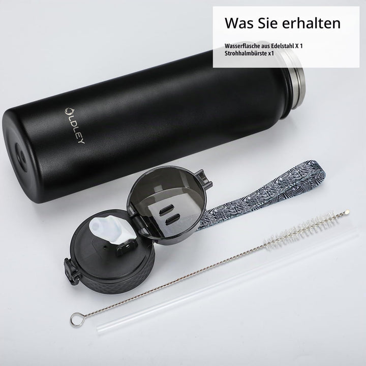 OLDLEY Edelstahl Trinkflasche mit Strohhalm, 1L Isolierte Trinkflasche, Thermosflasche BPA-freie - A