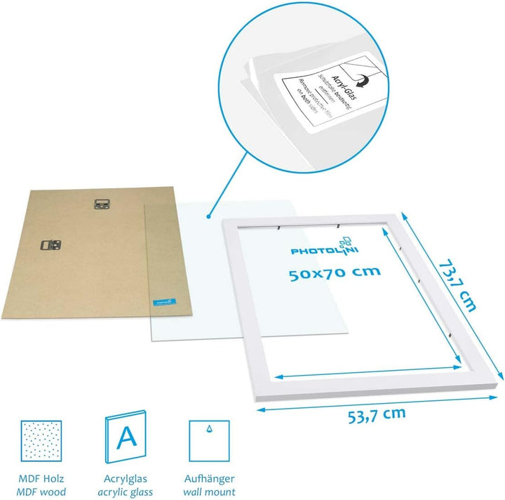 PHOTOLINI Bilderrahmen 50x70 Weiss 3er Set, Puzzle Rahmen 50x70 Holz MDF mit Acrylglas, Bilderrahmen