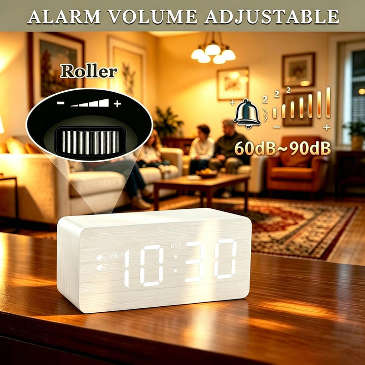 URAYCO Digitaler Wecker aus Holz, 10 W schnelle kabellose Ladestation und USB-Anschluss, mit stufenl