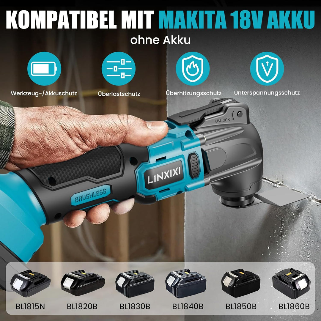 Akku Multitool kompatibel mit Makita 18V Akku, Multifunktionswerkzeug mit 6 Geschwindigkeiten, 8.500