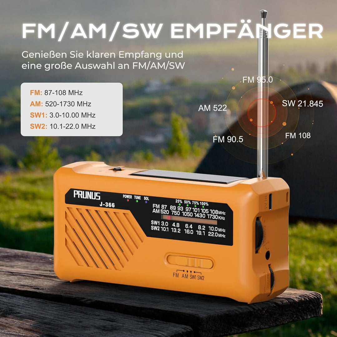 PRUNUS J-366 FM/AM/SW Kurbelradio Notfall Weltempfänger, Radio Batteriebetrieben oder 2000mAh Akku,