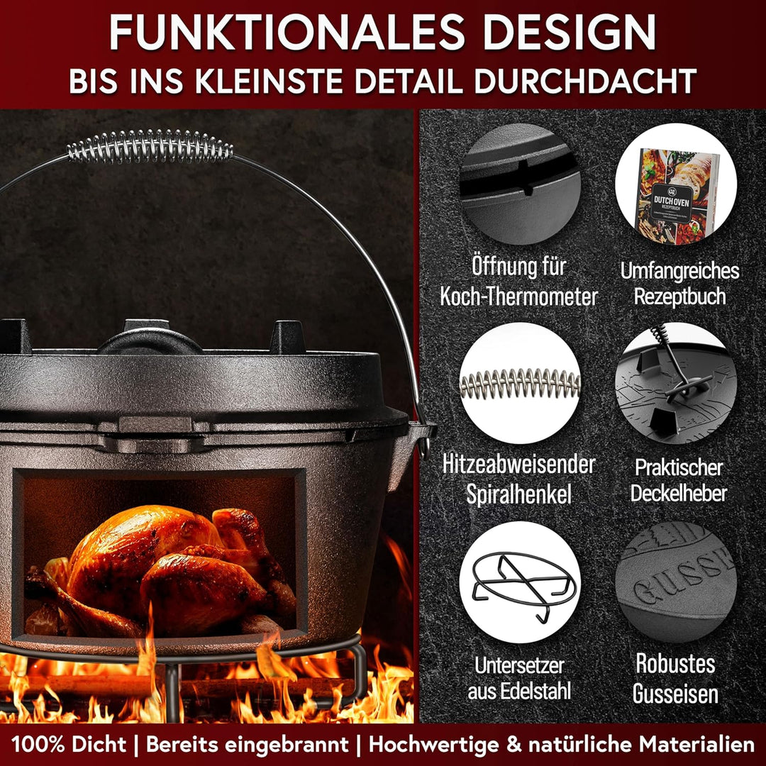 GUSSKÖNIG Dutch Oven Set [7L ] - Eingebrannter Feuertopf mit praktischem Deckelheber und Edelstahl U