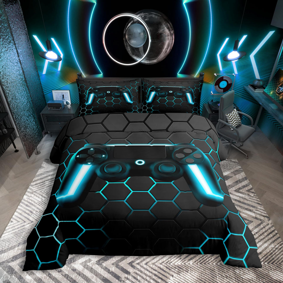Gamer Bettwäsche Sets für Jungen,Gaming Bettbezug Set 220x240,Kinder Videospiele Trösterbezug,Geomet