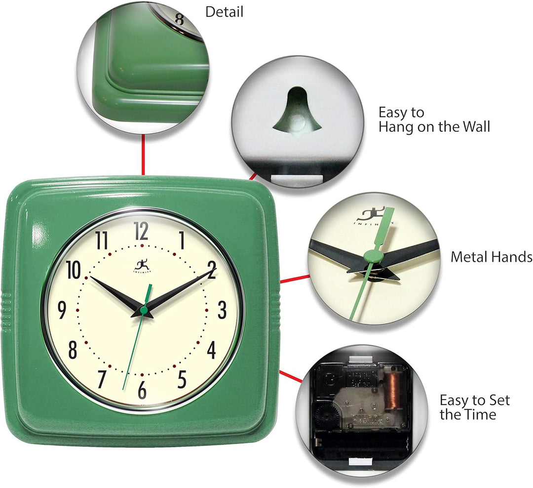 Infinity Instruments Quadratische, stille Retro-Wanduhr, 22,9 cm, Mitte des Jahrhunderts, Moderne Kü