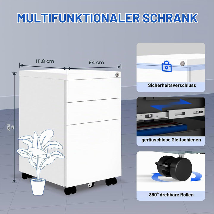 FLEXISPOT Rollcontainer mit 3 Schubladen, mobiler Aktenschrank mit Rollen, Schubladenschrank Bürosch