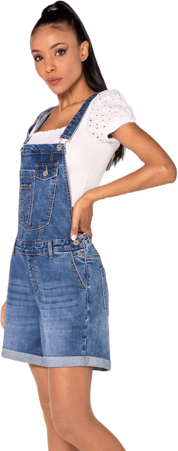 Nina Carter S511 Damen Jeans Latzshorts – Kurze Latzhose aus Denim mit Brusttaschen &amp; Knöpfen – Somm