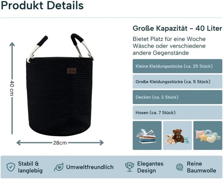 Wäschekorb aus Baumwolle 40 L Wäschesammler Aufbewahrungskorb, Baumwollseil mit Griff, Kordelzug, Wä