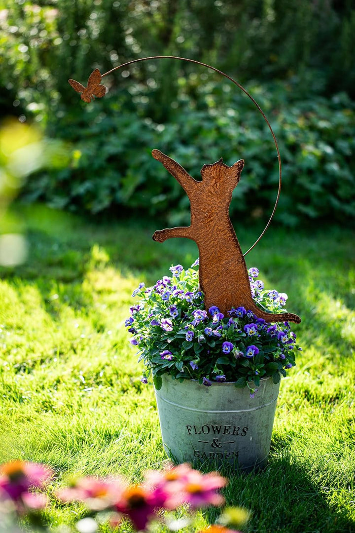 Bornhöft Gartenstecker Katze mit Schmetterling höhe ca. 55cm Metall Rost Gartendeko Edelrost rostige
