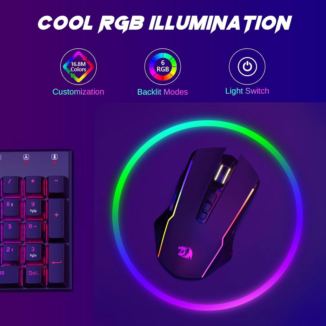 Redragon Gaming Maus Kabellose,RGB 2.4G/USB-C/Bluetooth Maus,Wiederaufladbare mit 9 Programmierbare
