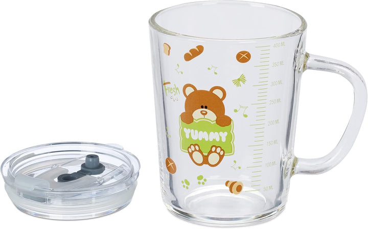 Relaxdays Kindergläser 2er Set, Bären-Motiv, Trinkglas Kinder, mit Henkel, Deckel & Strohhalm, 400 m