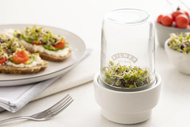 Kilner Sprossenglas Keimglas Set für die Sprossenzucht, mit Anleitung, Edelstahleinsatz, Keramikbode