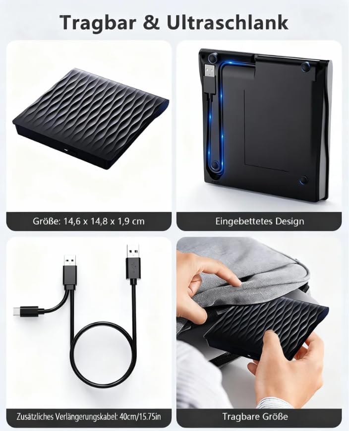 DANGZW Externes CD DVD Laufwerk, Slim Tragbarer Externer Brenner USB 3.0 Typ-C, RW CD-ROM Externe Op