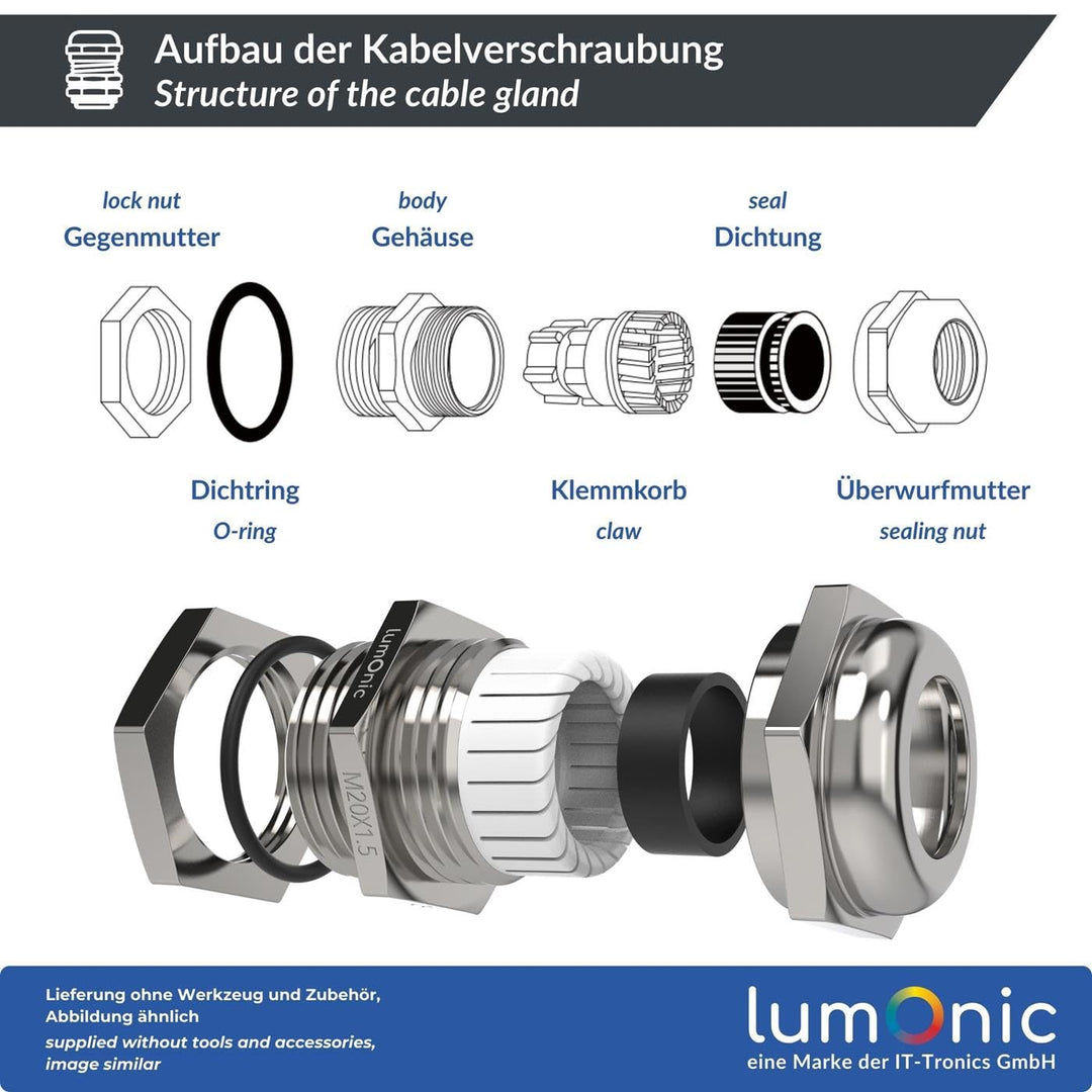 Lumonic 5er Set Kabelverschraubung Metall M20 | Klemmbereich 6-12mm | IP68 | mit Gegenmutter | Messi