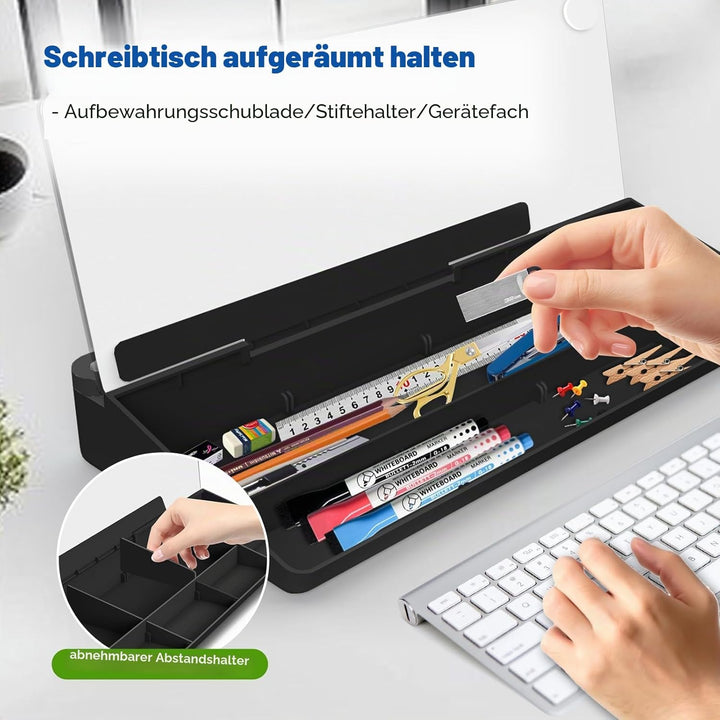 Schreibtisch Whiteboard mit Stauraum, Trockenwisch Glas Whiteboard inklusive 3 Markern, Organizer fü