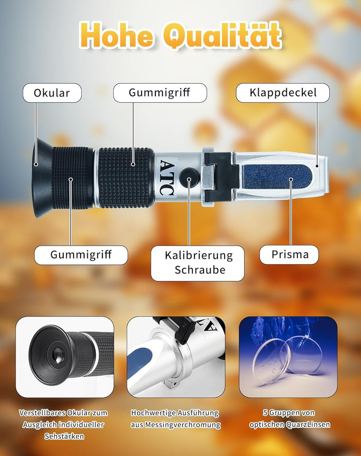 LAOYE Refraktometer Honig 2 in 1 Imker Refraktometer 12-32% Wassergehalt Honig 58-90% Brix Refraktom