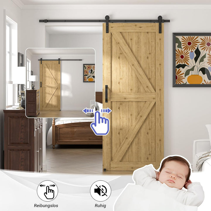 TSMST 6.6FT/200cm Schiebetürsystem Komplett-Set mit Bodenführung für Schiebetüren mit Schwarze Türgr