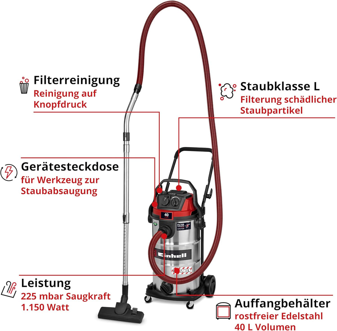 Einhell Nass-Trockensauger TE-VC 4090 SACL (1150 W, 225 mbar Saugleistung, 40 L Behälter, Staubschut