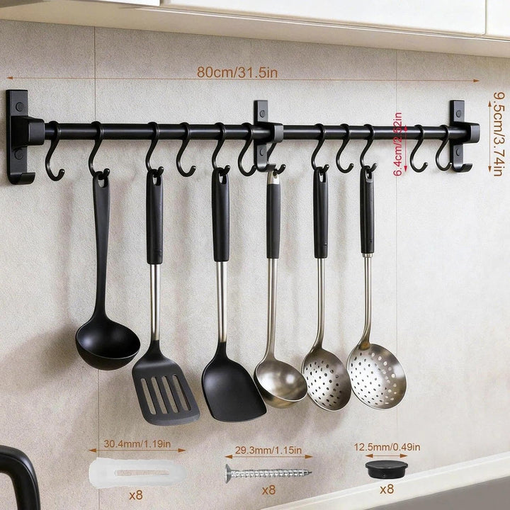 80 cm Stange für Küchenutensilien – Aluminium Hakenleiste mit 12 beweglichen Haken, Schwarz – Küchen