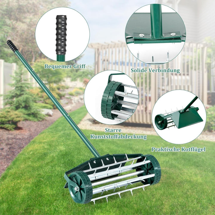 FANTASK Rasenlüfter Walze mit Stiel, Grün Handvertikutierer rollend, Rasenrolle mit 3cm Nägeln & Spr