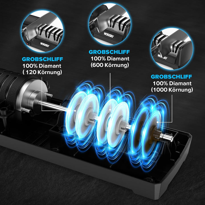 Elektrischer Messerschärfer für die Küche – Professionell 3-Stufen, 100% Diamantsystem mit 15° Präzi
