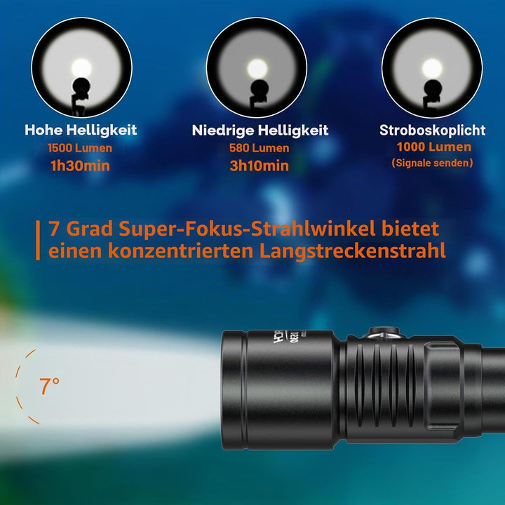 ORCATORCH D530 Tauchlicht, 1300 Lumen, 8 Grad schmaler Abstrahlwinkel, Titanlegierung, Seitenknopfsc