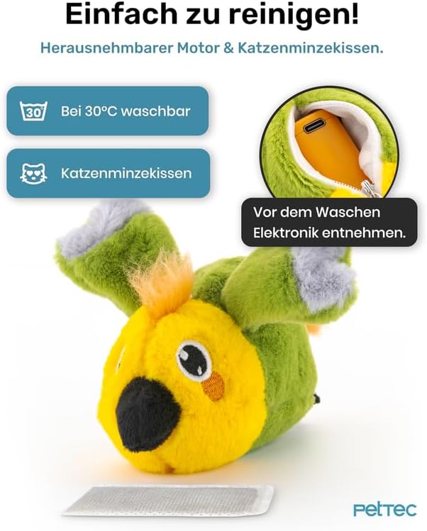 PetTec - Plush Toy Papagei Katzenspielzeug interaktiv zur Selbstbeschäftigung - Plüschtier Katze bew