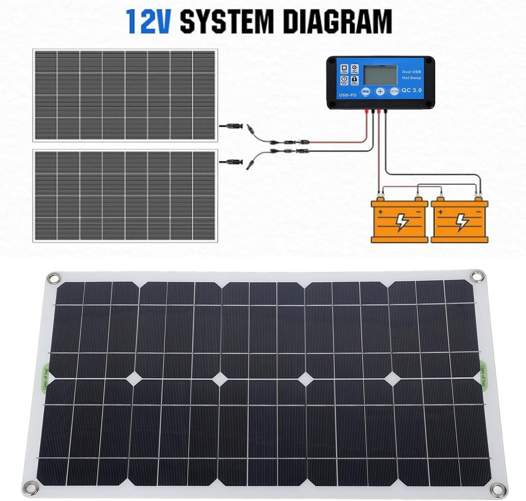100 Watt Solarpanel Kit, IP67 Wasserdichtes Solarpanel Ladegerät mit 12V 24V 20A Controller, 2 Haken