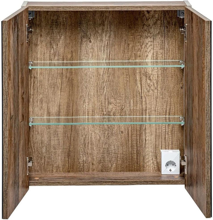 Lomadox Badezimmer Spiegelschrank 60cm Taupe mit Vintage Oak Eiche, 2-türig, LED Beleuchtung, Schalt