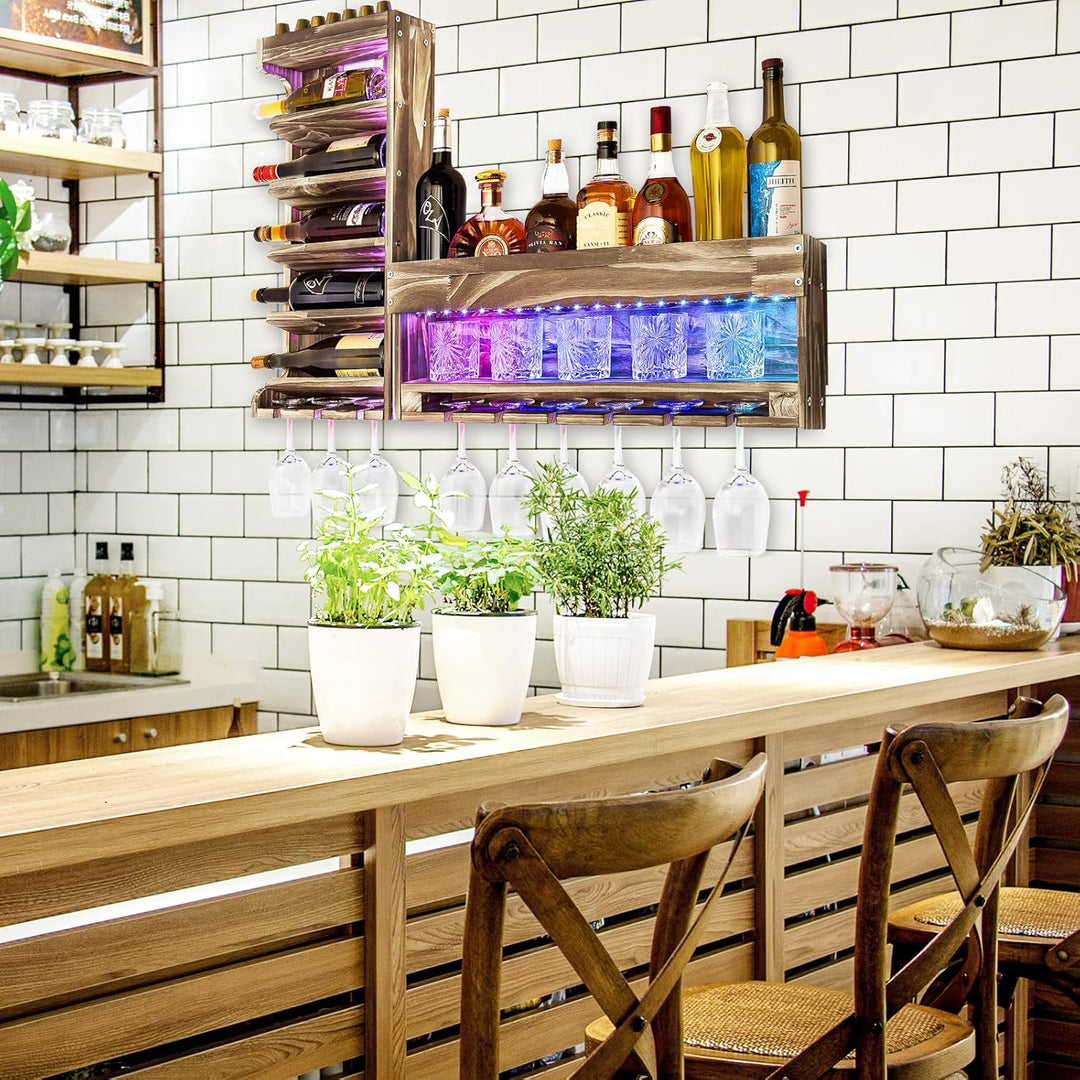 Yorbay Weinregal mit LED-Licht Palette Beflammt Holz, Wandbar mit Korkhalter, für Weingläser, Whisky