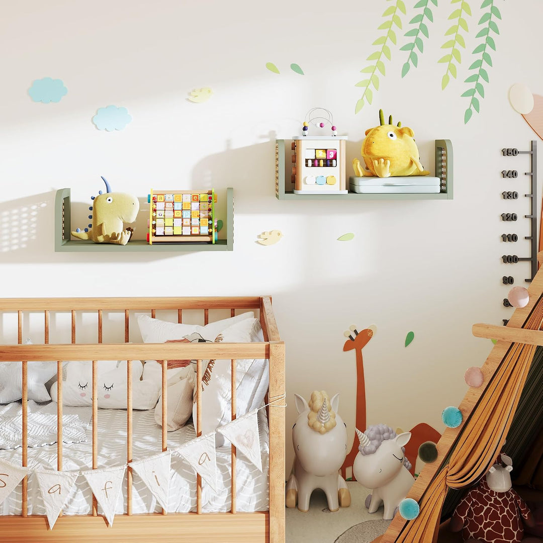 2er Set Rattanregal – Boho Wandregal &amp; Boho Deko in Grün, Hängeregal für Kinderzimmer, Wohnzimmer &amp;