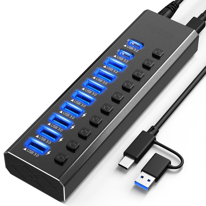 Powered USB Hub 3.2, 10-Port USB3.2/USB C Hub (10Gbps USB-A 3.2 +2 USB-C 3.2 +7 USB 3.0 Ports) mit i