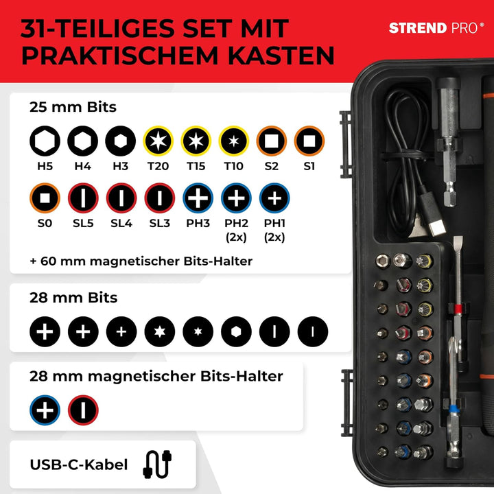 STREND PRO Akkuschrauber klein | Mini Akkuschrauber Set 31-teilig im Koffer | elektrischer Schrauben