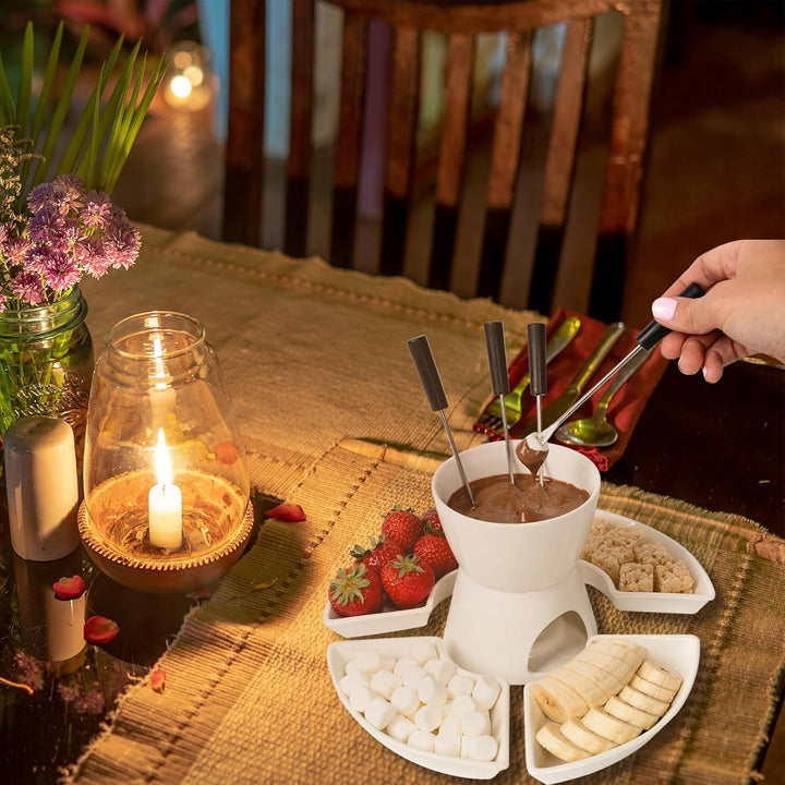 Bocguy Schokofondue Keramik, Schokobrunnen Set mit 4 Gabeln & 4 Keramiktellern & 1 Tablett, schokola