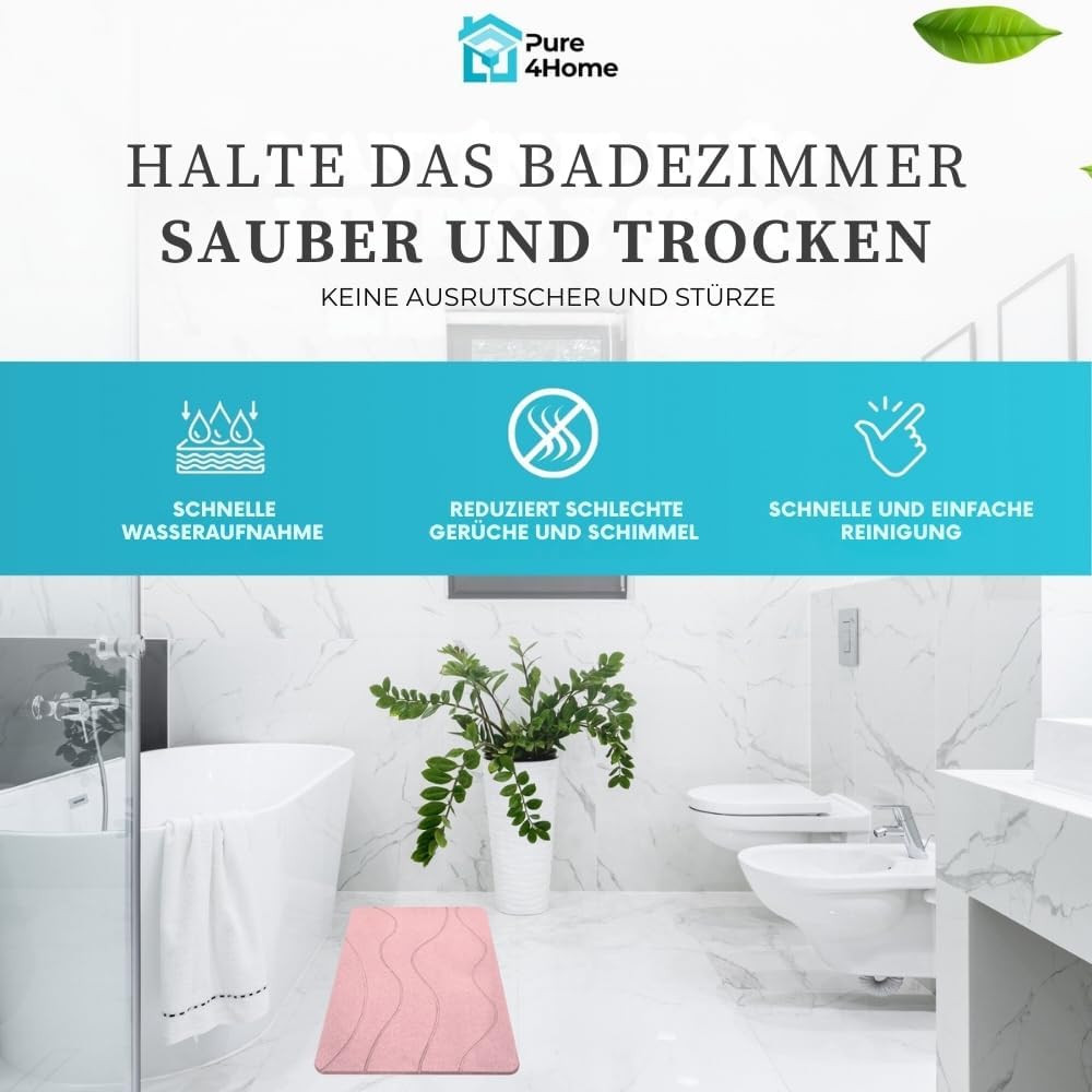 PURE 4HOME Badematte Kieselgur 60 x 40 cm – Saugstark & Schnelltrocknend, rutschfest – Diatomit Stei