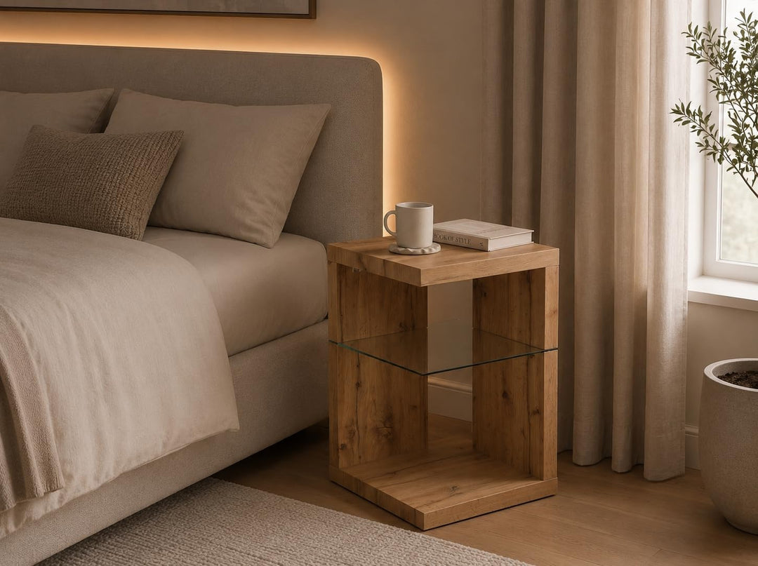 HomeTrends4You Domingo Beistelltisch/Nachttisch, MDF, Sicherheitsglas, Wildeiche,