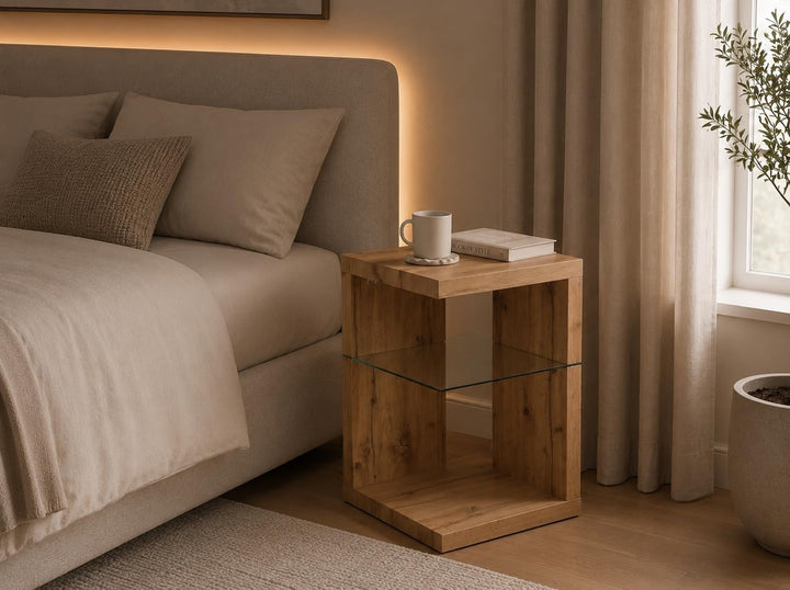 HomeTrends4You Domingo Beistelltisch/Nachttisch, MDF, Sicherheitsglas, Wildeiche,