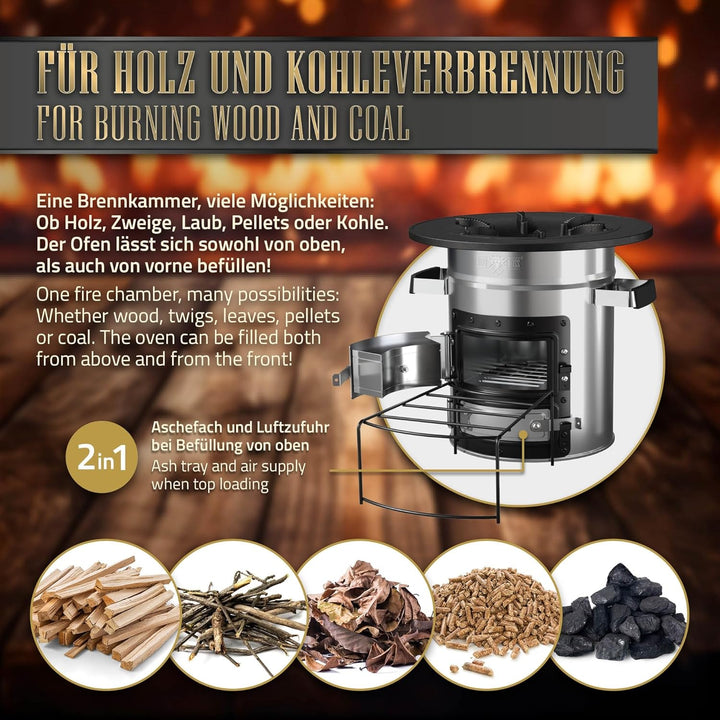 BBQ#BOSS Raketenofen mit Grillpfanne, Tragetasche, Silber, Edelstahl, Gusseisen Grillplatte, Camping