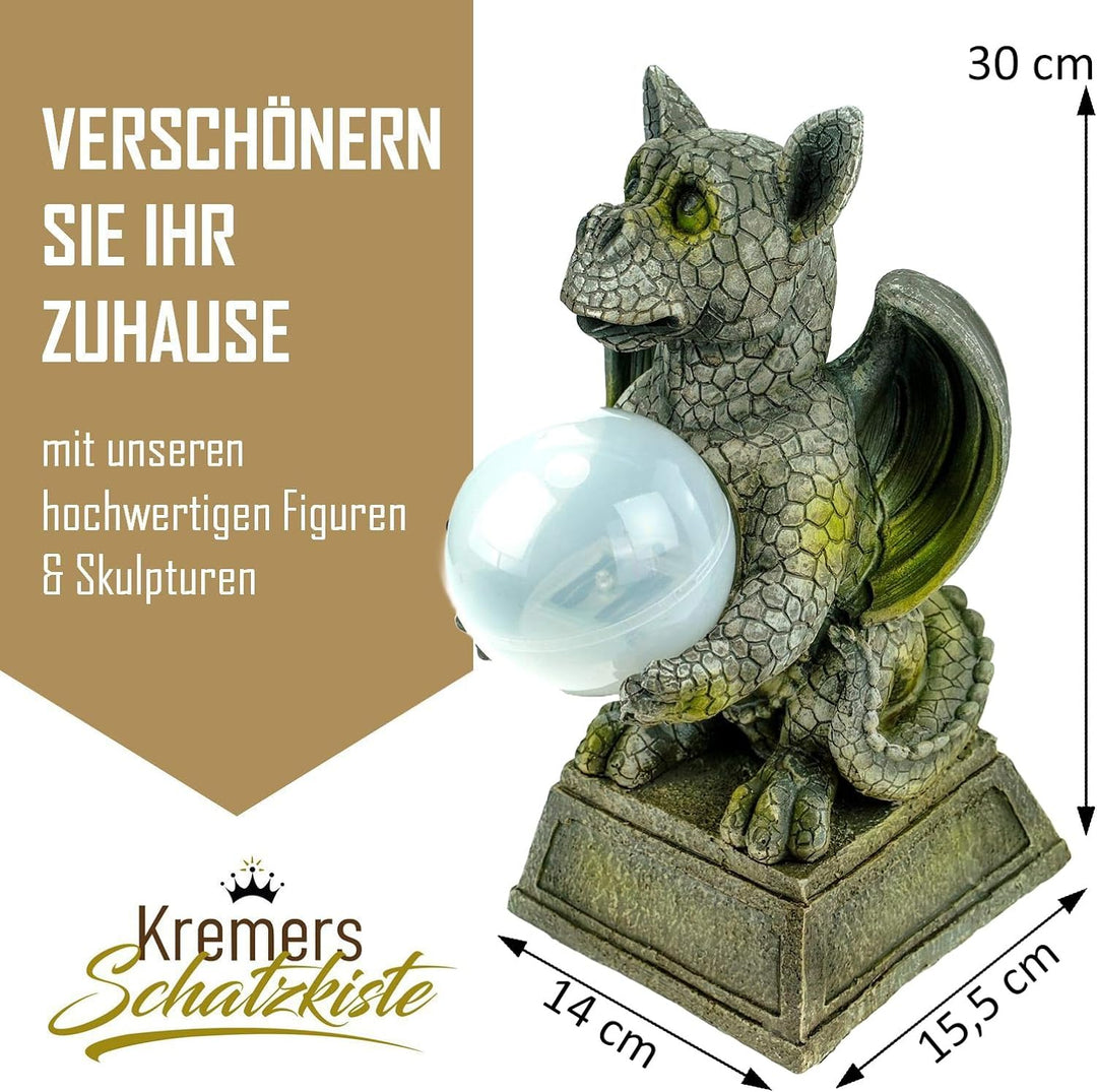 Kremers Schatzkiste Drachenkind mit Solarkugel 30 cm Drache Figur Gartenfigur Solarfigur Dragon Gesc