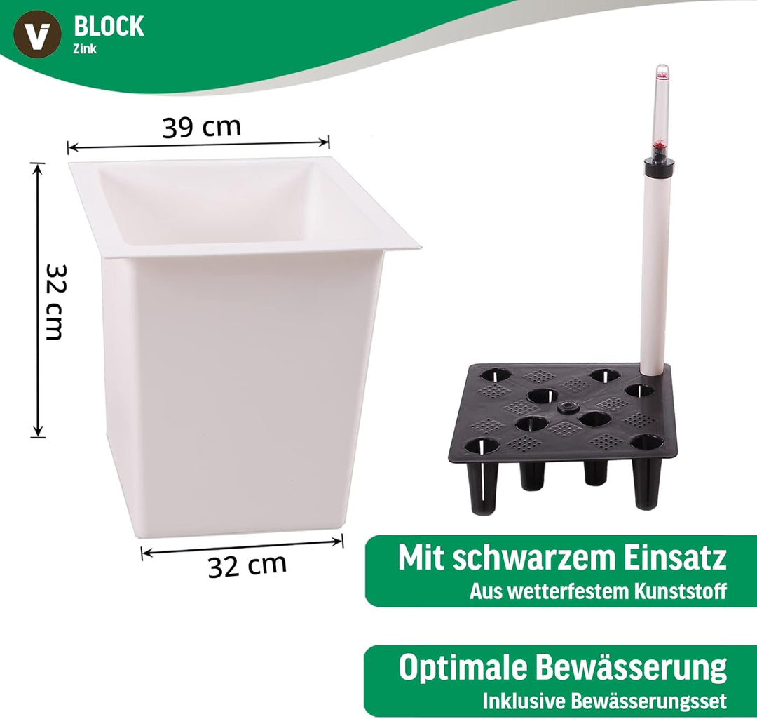 Einzel Zink Blumenkübel "Block" 100 cm, Weiss, inkl. Bewässerungsystem Weiss 100x40x40, Weiss 100x40
