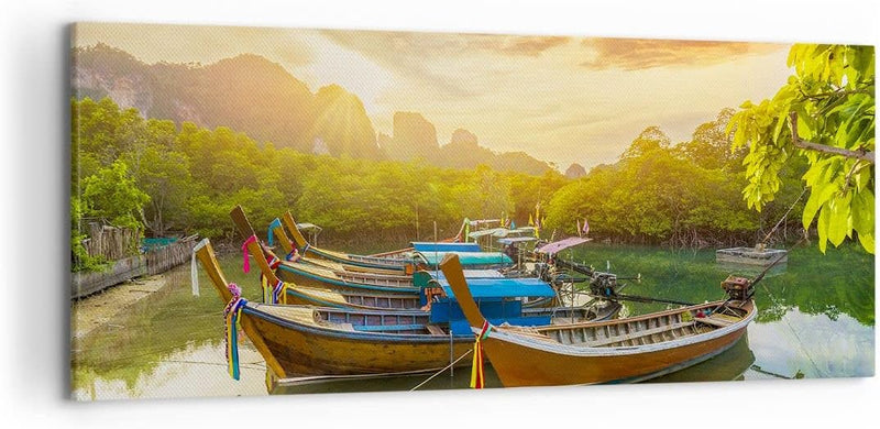 Wandbilder Dekoration Wohnzimmer Berge Boot Wasser Panorama Bilder auf Leinwand 120x50cm Leinwandbil