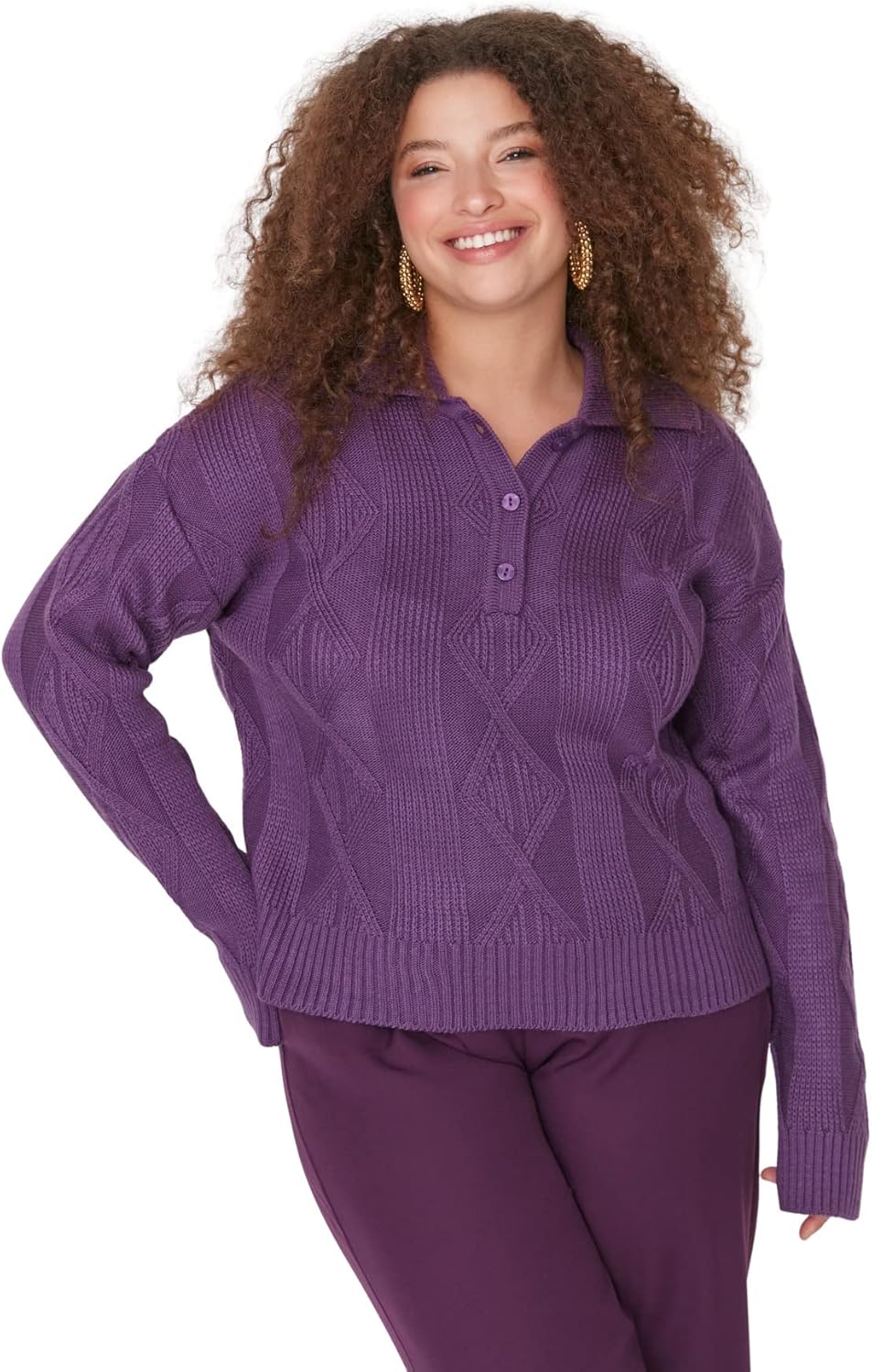 TRENDYOL Damen Polokragen Plain Regular Plus Size Pullover Sweatshirt XL Grosse Grössen Violett, XL