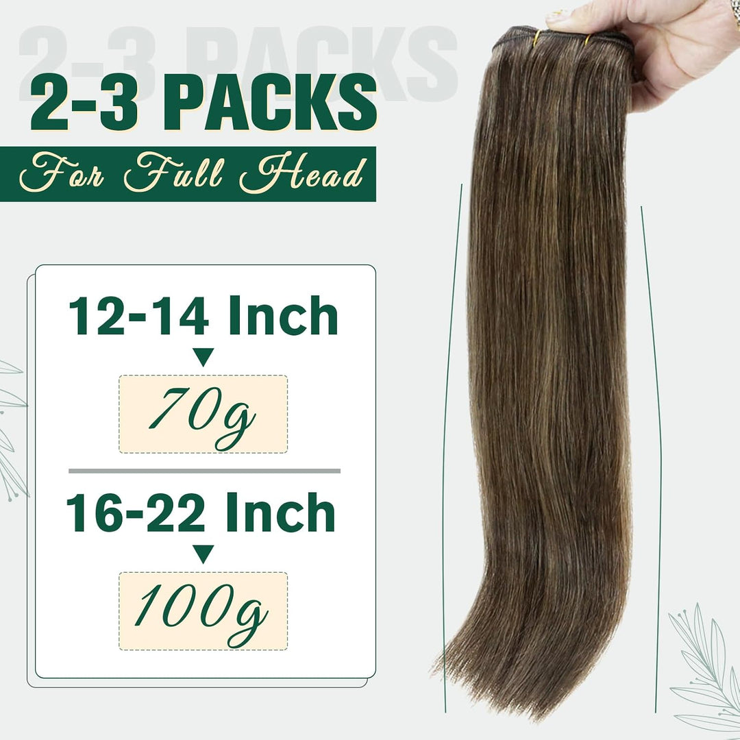RUNATURE Extensions Echthaar Tressen Zum Einnähen Braun 35cm Haarverlängerung Glatt Weft Echte Haare