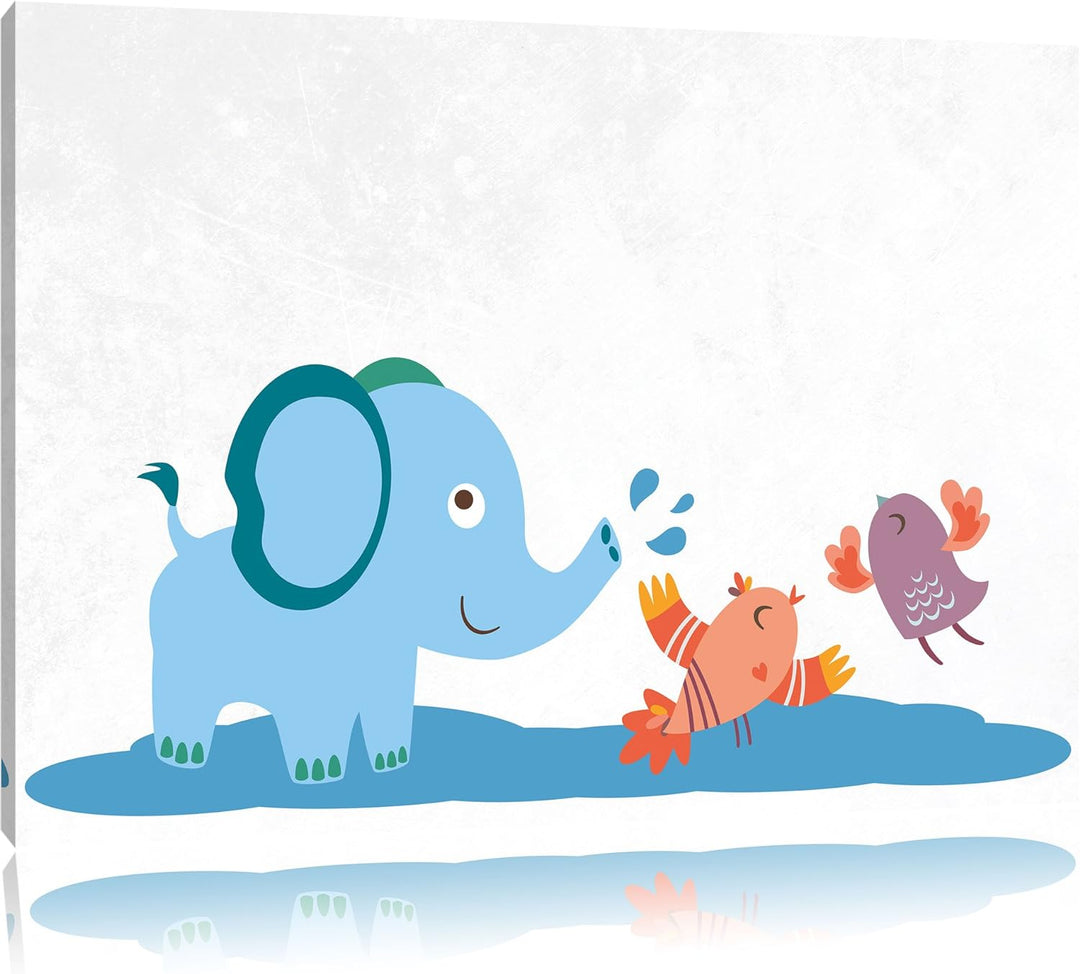 Pixxprint Elefant mit Vögeln als Leinwandbild/Grösse: 100x70 cm/Wandbild/Kunstdruck/fertig bespannt,