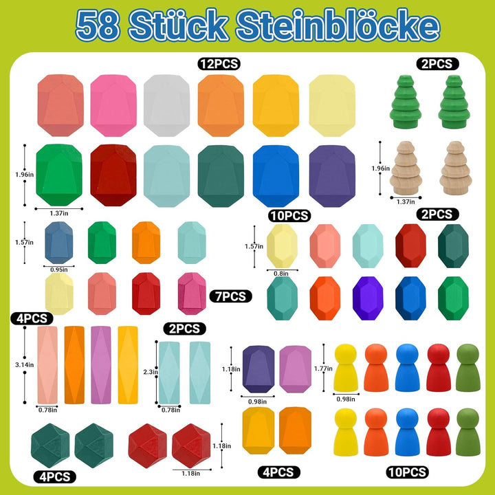RunHero 58 Stück Stapelsteine Balanciersteine Montessori Holz Bauklötze Spielzeug für Kinder Stapelt