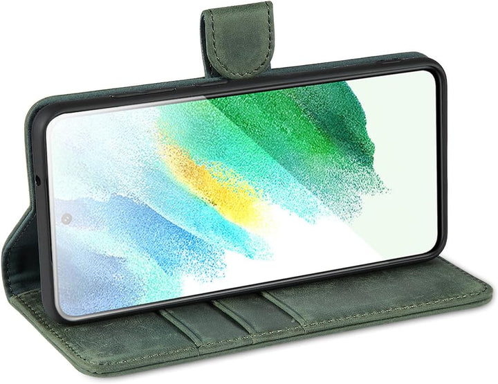 LENSUN Echtleder Hülle für Samsung Galaxy S21 FE, Handyhülle [Echtes Leder][Magnetverschluss][Karten