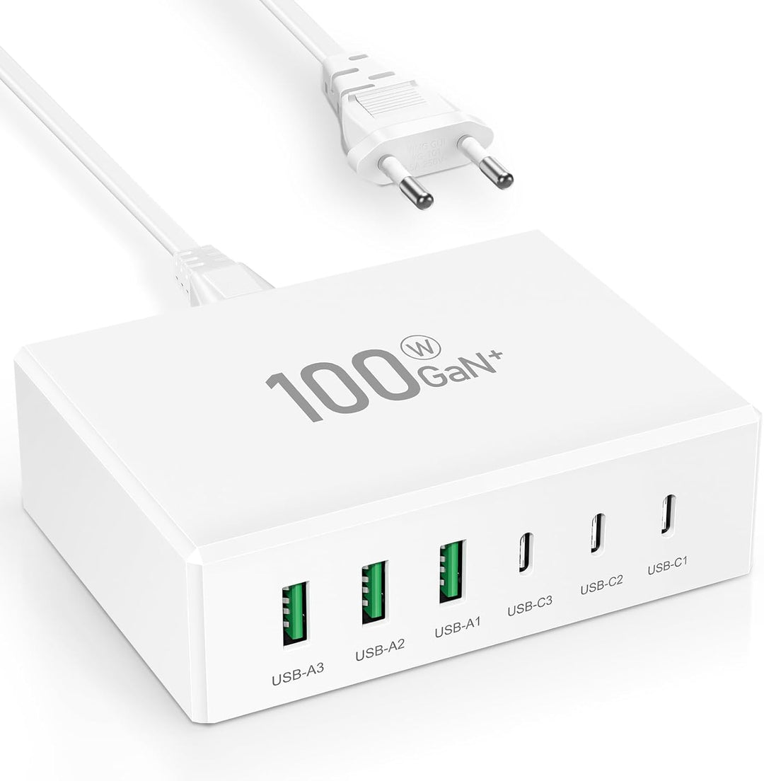 USB C Ladegerät, 100W 6-Port USB Ladegerät Mehrfach, Schnellladegerät PD 3.0, USB-C Ladestation für