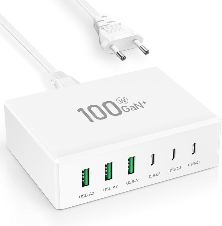 USB C Ladegerät, 100W 6-Port USB Ladegerät Mehrfach, Schnellladegerät PD 3.0, USB-C Ladestation für