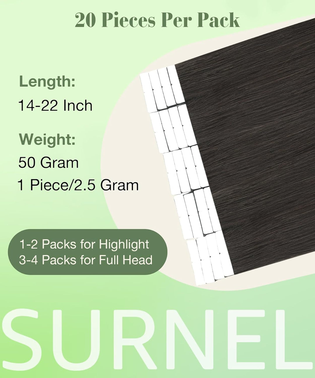 SURNEL Tape Extensions Echthaar, 20pcs 50g 50cm 20 Zoll Dunkel Braun Remy Invisible Tape Extensions