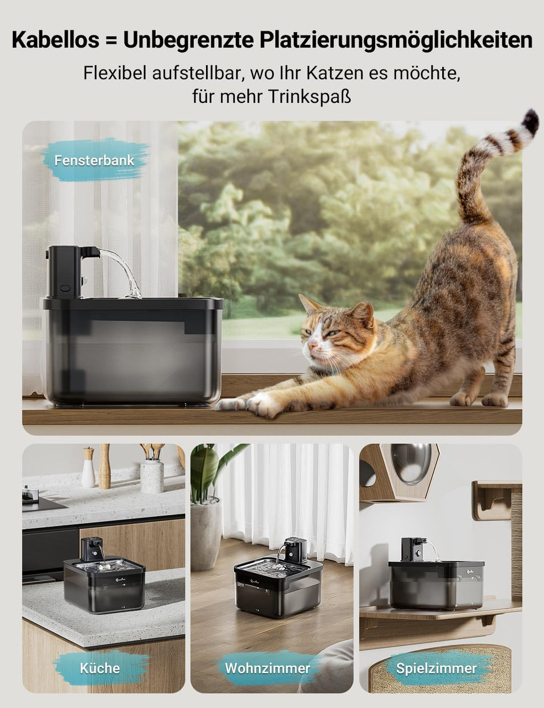 DownyPaws 2.5L Trinkbrunnen für Katze Kabellos, Katzenbrunnen Kabellos mit Bewegungsmelder und Batte